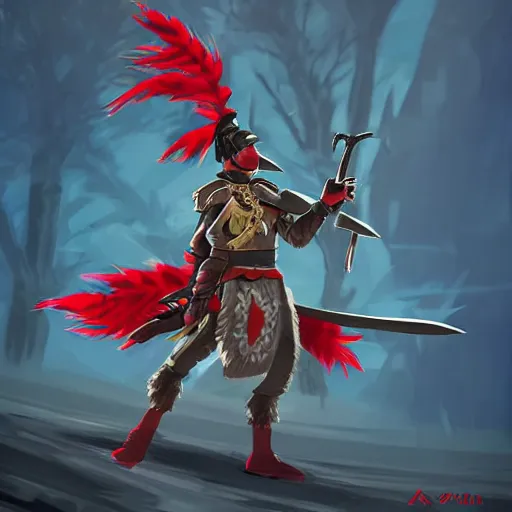 Image similar to avian leader in a army combat uniform created entirely of feathers holding a rapier with a bright red beak medieval theme rito breath of the wild, digital art, cinematic lighting