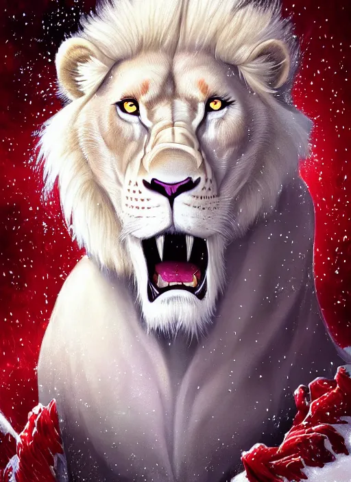 Image similar to award winning beautiful portrait commission of a male furry anthro albino lion with tattoos on his muscular belly with a beautiful hyperdetailed face wearing a golden and red winter handcrafted outfit with red gradient background and white snow falling around lion. Character design by charlie bowater, ross tran, and makoto shinkai, detailed, inked, western comic book art