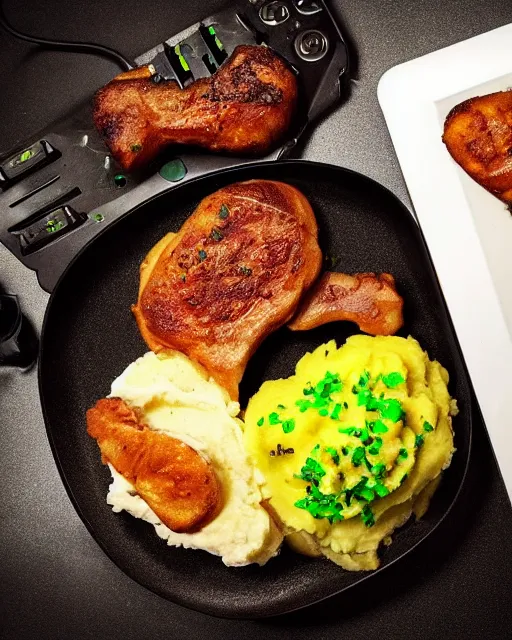 Image similar to gamer porkchops and mashed potatos on the new razer gaming LED plate, HD, trending on artstation, instagram post, LED