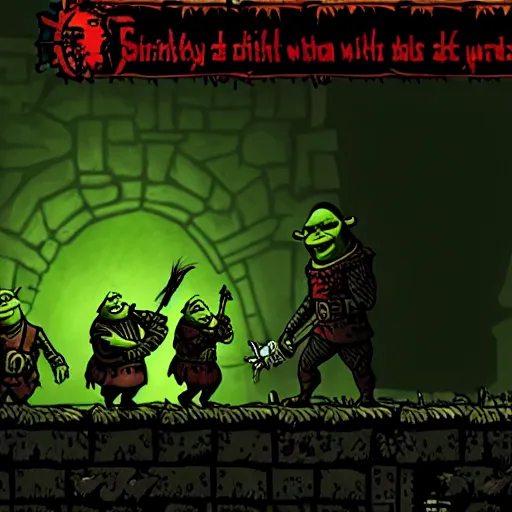 Image similar to shrek in darkest dungeon, screenshot from the game, highly detailed, dark atmosphere, concept art