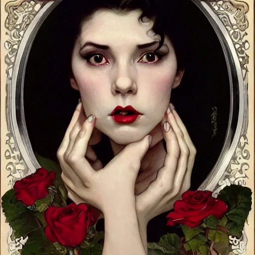 Prompt: portrait of a very beautiful vampire, half body composition, pensive expression, by Stanley Artgerm Lau, greg rutkowski, thomas kindkade, alphonse mucha, loish, norman rockwell, J. C. Leyendecker. dark black hair, pale skin, detailed eyes, red lips. dark, scary, eldritch horror. dark rose frame. rule of thirds extremely detailed illustration hd 4k