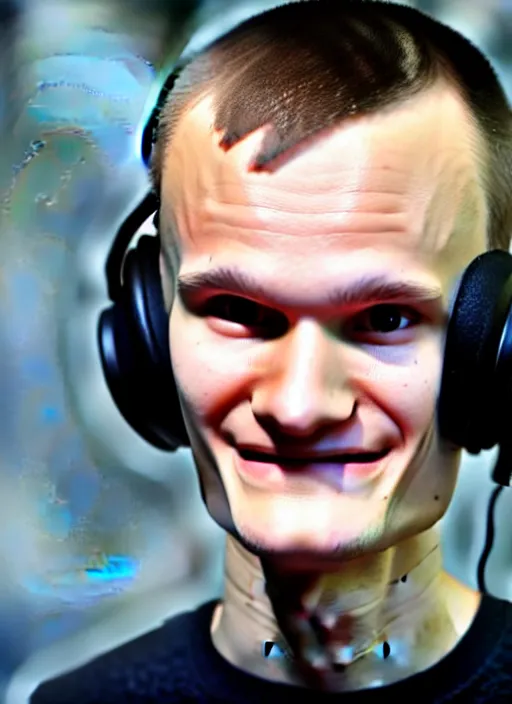 Prompt: vitalik buterin in headphones. vitalik buterin, close up, perfect symmetric face, coherent eyes, pixar, disney, beautiful smiling face, high detail, very sharp, 4 k