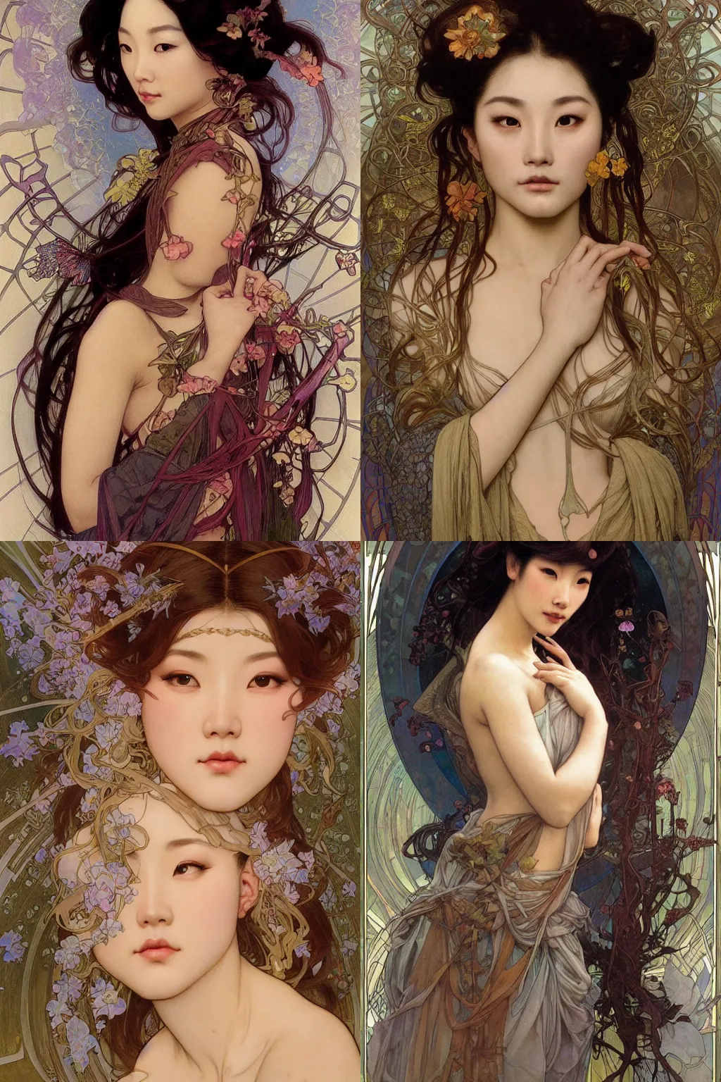 Prompt: stunning, breathtaking, awe-inspiring award-winning realistic concept art face portrait of attractive godess nymph Ashley Liao, by Alphonse Mucha, Ayami Kojima, Amano, Charlie Bowater, Karol Bak, Greg Hildebrandt, Jean Delville, and Mark Brooks, Art Nouveau, Neo-Gothic, gothic, rich deep colors, cyberpunk, extremely moody lighting, glowing light and shadow, atmospheric, shadowy, cinematic, 8K
