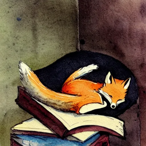 Image similar to a fox sleeping on a pile of books, watercolors from 1 9 2 0