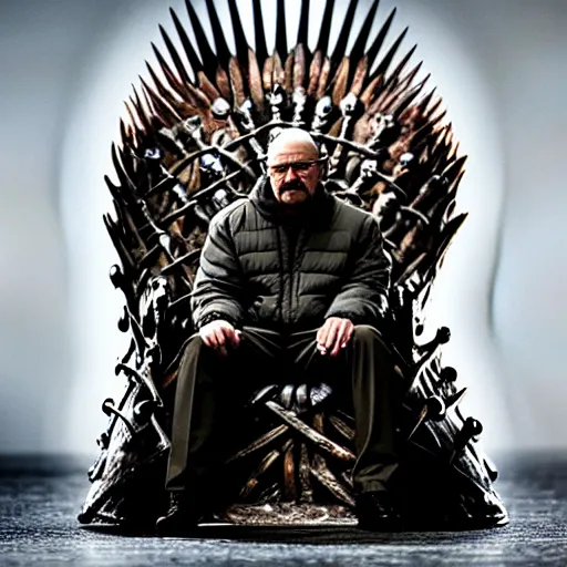 Image similar to “Very crisp photo of Walter White sitting on the Iron Throne from Game of Thrones, atmospheric lighting, award-winning details”