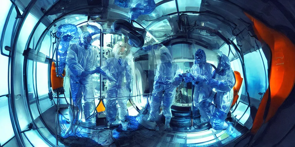 Prompt: team of sci - fi scientists in blue bio - hazard suits research alien in glass stasis capsule filled water with orange light, high detail, dark environment, scp foundation, digital art