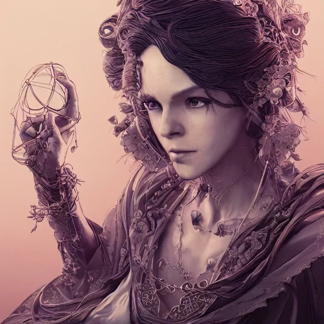 Prompt: the portrait of the lawful evil sorceress lawyer as an absurdly beautiful, graceful, elegant, jaded, woman, an ultrafine hyperdetailed illustration by kim jung gi, irakli nadar, intricate linework, bright colors, octopath traveler, final fantasy, unreal engine 5 highly rendered, global illumination, radiant light, detailed and intricate environment