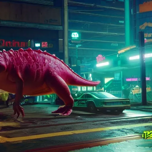 Prompt: a (watermelon dinosaur) egg hatching in the middle of Night City in Cyberpunk 2077.