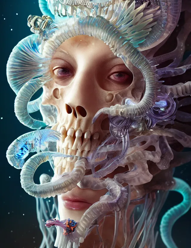 Image similar to goddess close - up portrait wigh crown made of ram skull. betta fish, jellyfish skeleton phoenix, bioluminiscent, plasma, ice, water, wind, creature, super intricate ornaments artwork by tooth wu and wlop and beeple and greg rutkowski