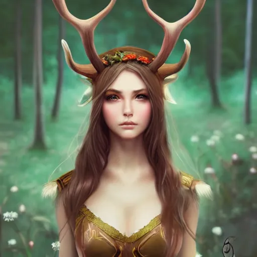 Prompt: beautiful female elf with antlers in the forest, symmetrical portrait by loish and WLOP, octane render, rending on ArtStation