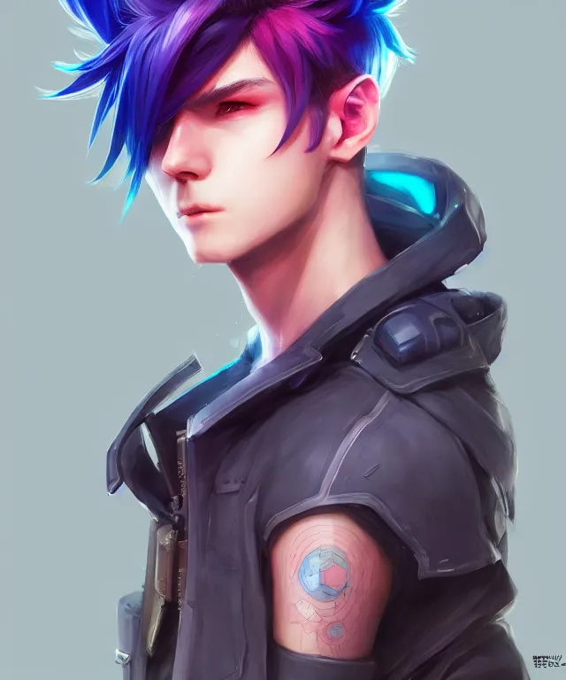 Image similar to character concept art of a cute cyberpunk boy with colorful hair and wolf ears | | cute - fine - face, pretty face, key visual, realistic shaded perfect face, fine details by stanley artgerm lau, wlop, rossdraws, james jean, andrei riabovitchev, marc simonetti, and sakimichan, trending on artstation