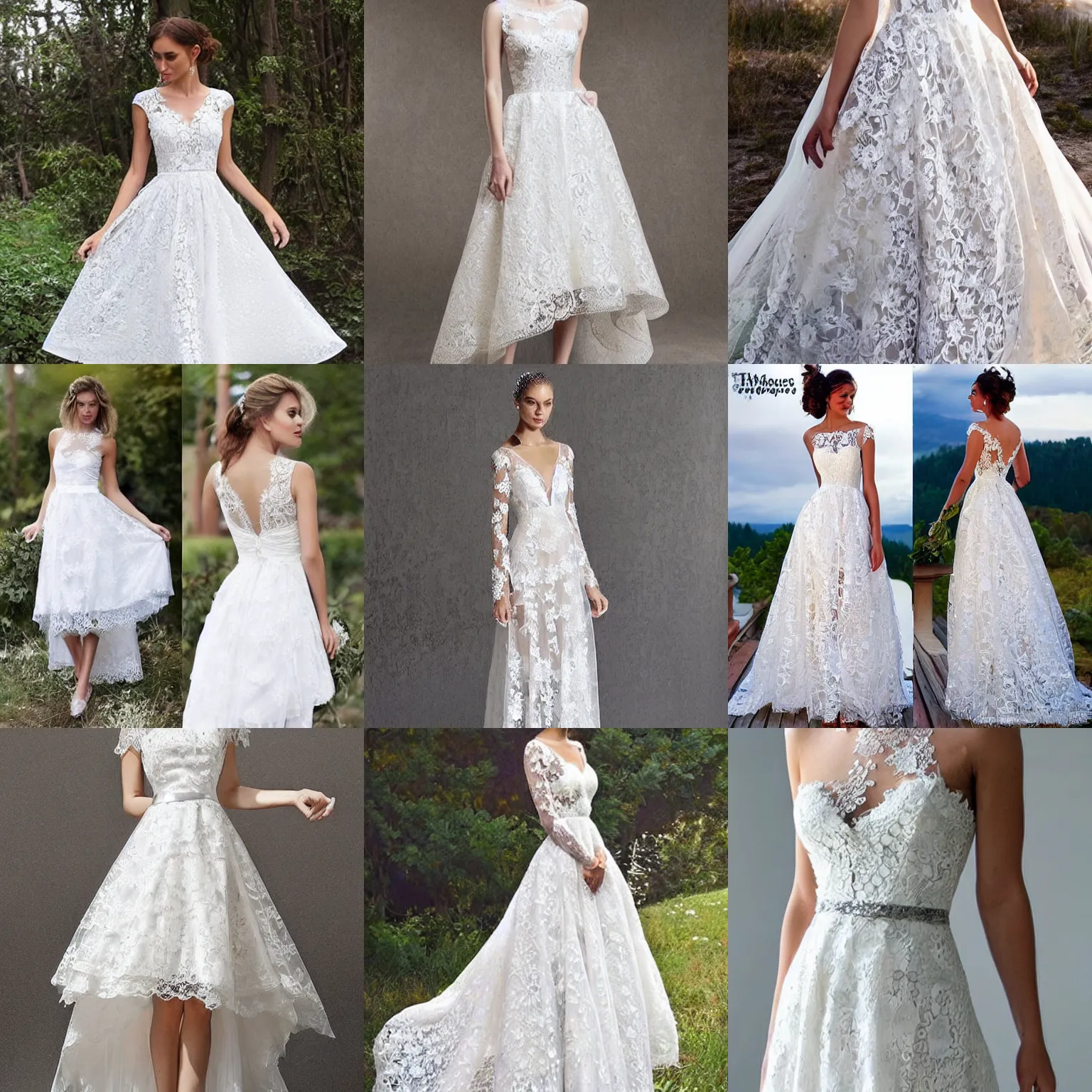 Prompt: a beautiful high low dress, wedding dress, detailed lacework, lace dress, romantic dress, white and silver, floral lacework