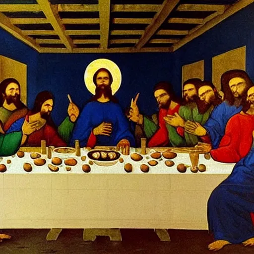 Prompt: a World War II Russian Soviet propaganda poster showing The Last Supper by Leonardo da Vinci