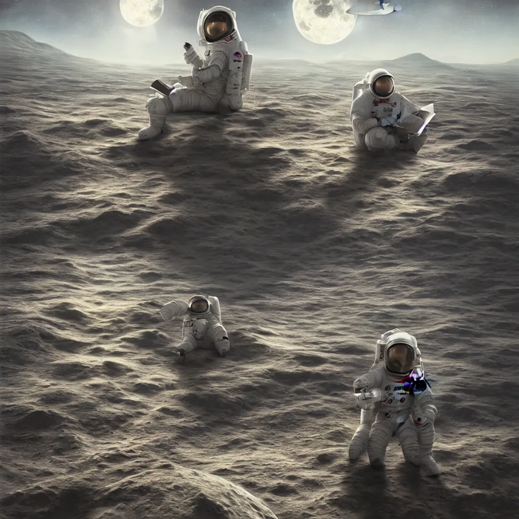 Image similar to hyper realistic matte painting of astronaut on the moon sitting on concrete bench, reading book facing planet earth above horizon, back lighting, highly detailed, trending on artstation, concept art, sharp focus, art by jan matejko