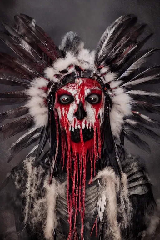 Image similar to the ghost - spirit of the grim - warpaint wears the scarlet skull armor and native blood headdress feathers, midnight fog - mist!, dark oil painting colors, realism, cinematic lighting, various refining methods, micro macro autofocus, ultra definition, award winning photo