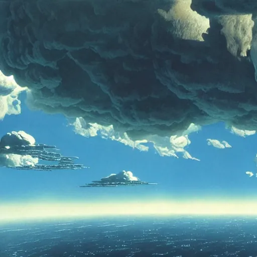 Image similar to Water world planet in the clouds, cinematic angle, cinematic lighting, blue sky, sun in the sky, by Syd Mead, John Harris, Federico Pelat