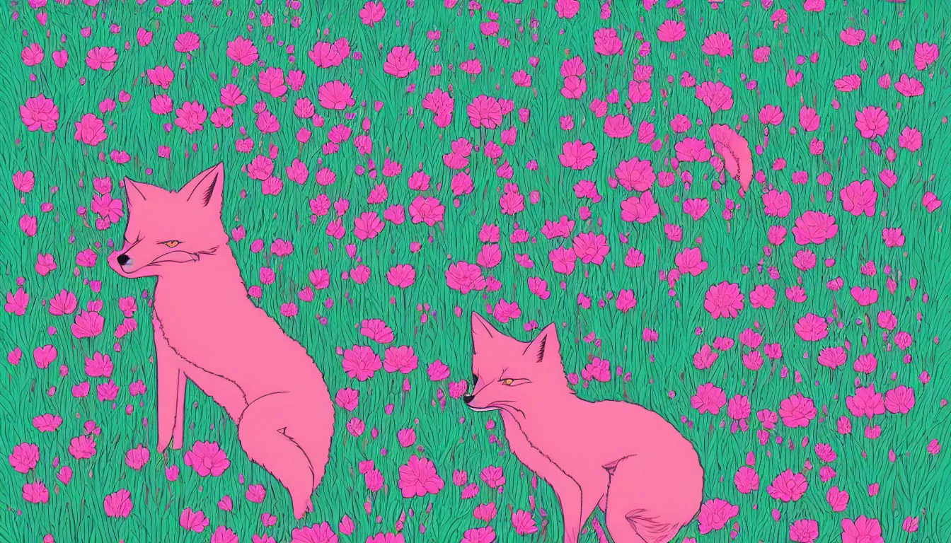 Prompt: pink fox head popping out of a field of flowers by Kilian Eng, minimalist, detailed