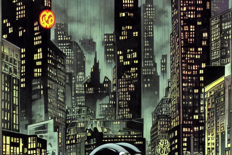 Image similar to gotham city, raining!, dark deco, bruce timm