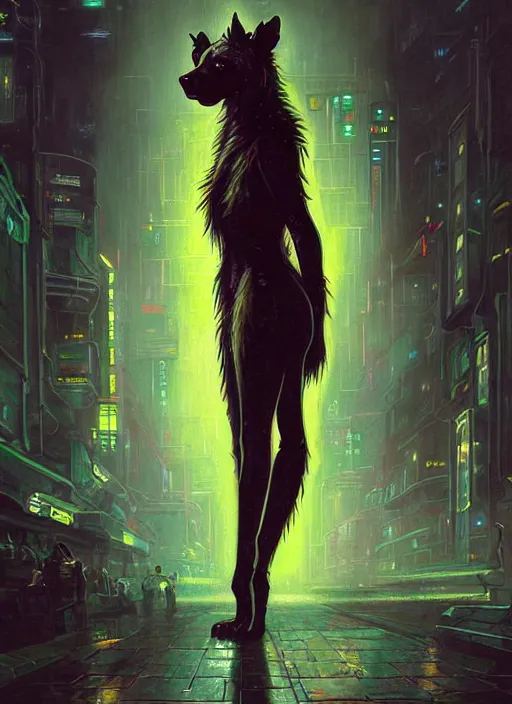 Image similar to beautiful full-body portrait commission of a (female furry anthro spotted hyena fursona wearing jedi robes) (in a cyberpunk city at night in the rain). Neon light. Atmospheric. Renowned character illustration by greg rutkowski, thomas kindkade, alphonse mucha, loish, norman rockwell. detailed, dungeons and dragons character art