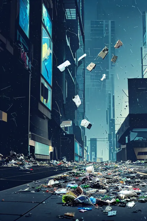 Image similar to trash from broken technology falling from the sky, cyberpunk