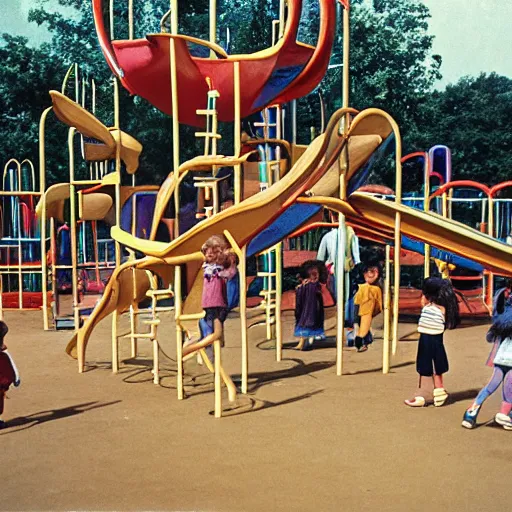 Image similar to full - color 1 9 7 0 s photo of a vast incredibly - large complex very - dense tall many - level playground in a crowded schoolyard. the playground is made of wooden planks, rubber tires, metal bars, and ropes. it has many spiral staircases, high bridges, ramps, balance beams, and metal tunnel - slides.