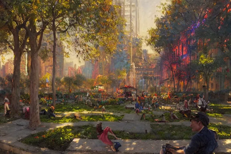 Image similar to A park in new york city, summer season, bright scene, highly detailed, intricate, sharp details, dystopian mood, 1950 scene by gaston bussiere, craig mullins, warm lighting, drawn by Giacomo Burattini, inspired by graphic novel cover art, hyperrealistic, 8k by RHADS