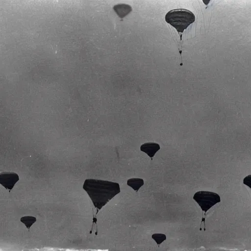 Image similar to grainy 1800s photo of a cybernetic paratroopers parachuting out of mechanical flying machines into a city