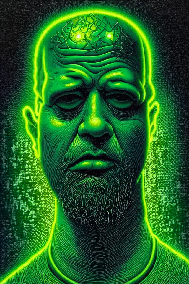 Image similar to bizarre green blacklight detailed renaissance portrait of homer simpson as a highly detailed realistic real life, dramatic cinematic lighting, 8 k, beautiful intricate painting by james r eads and tomasz alen kopera