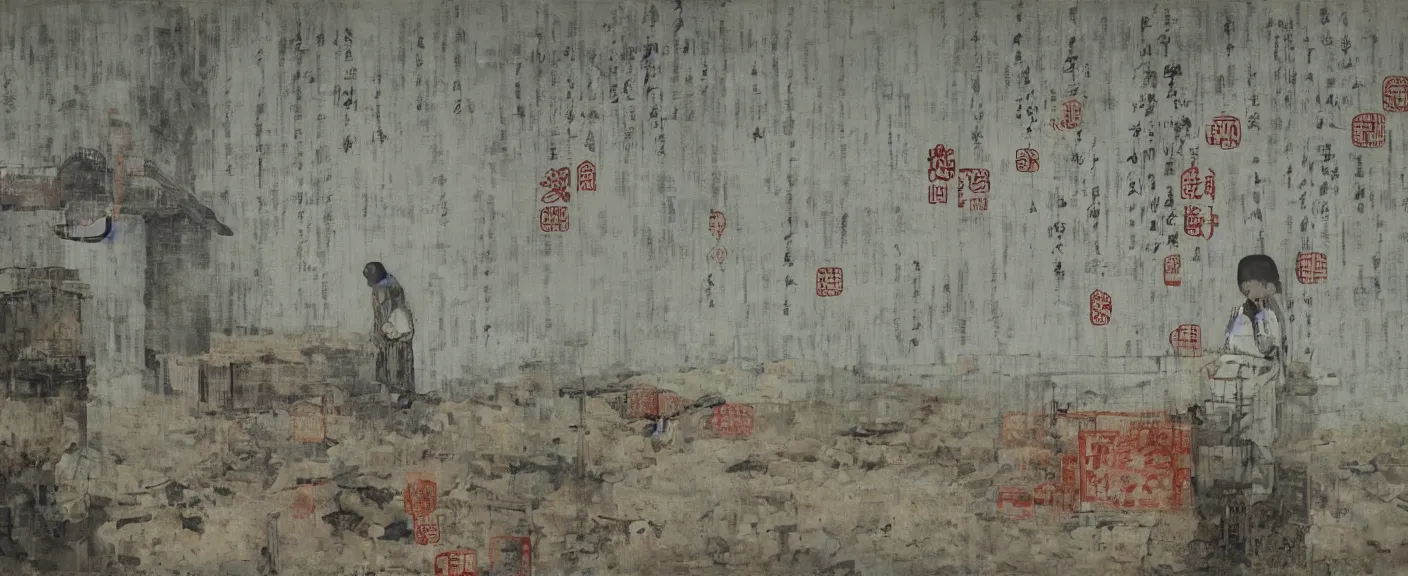 Image similar to a chinese prison near a river by peter doig, muted colors, overlaid with chinese adverts