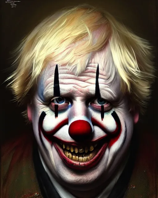 Image similar to boris johnson as clown character portrait, ultra realistic, concept art, intricate details, highly detailed by greg rutkowski, gaston bussiere, craig mullins, simon bisley