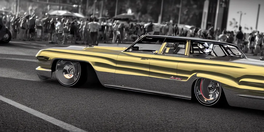 Image similar to highly detailed photo of an award winning lowrider, cruising at a car show, car bounce, air suspension, fan girls, 8 k, octane render, unreal engine, ue 5, photoshop, maya, ray tracing