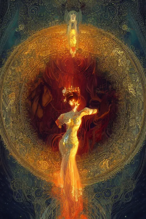 Image similar to tarot card artstation, portrait of a ghostly love dancer, sunrise, baroque ornament and rococo ornament, ancient chinese ornate, hyperdetailed, beautiful lighting, craig mullins, mucha, klimt, yoshitaka amano, red and gold and orange color palette