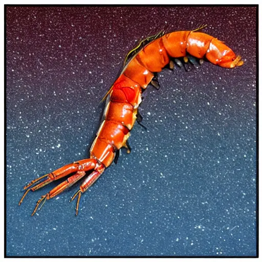 Prompt: A red shrimp on Mars, there is a shrimp flag and a spaceship