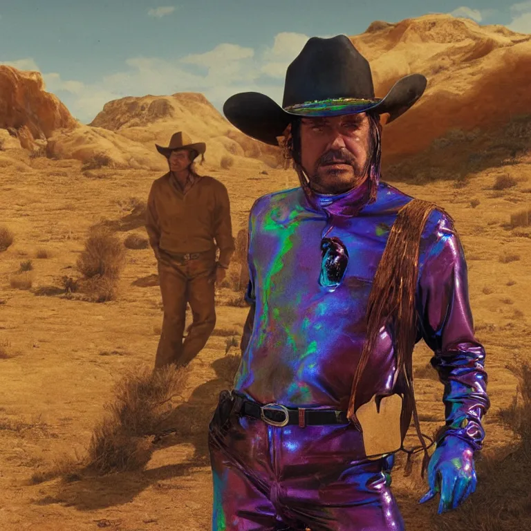 Image similar to 1 9 7 0's spaghetti western film octane render portrait by wayne barlow and carlo crivelli and glenn fabry, a person wearing a shiny colorful iridescent full - body latex suit and cowboy hat covered in colorful slime, standing in a scenic western landscape, cinema 4 d, ray traced lighting, very short depth of field, bokeh