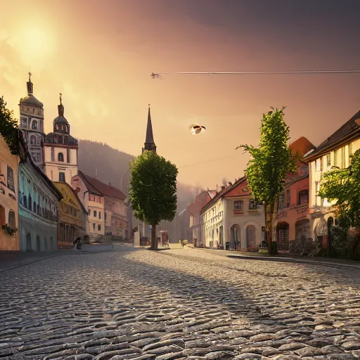 Image similar to a beautiful hyper realistic photo of banska stiavnica in summer, cobblestone pavement, with old houses and few trees in sunset, sky, ufo in sky, v - ray, octane render, unreal engine, by greg rutkowski and james gurney, artstation