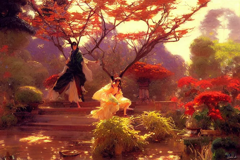 Image similar to wuxia, autumn, garden, neon light, painting by gaston bussiere, craig mullins, j. c. leyendecker