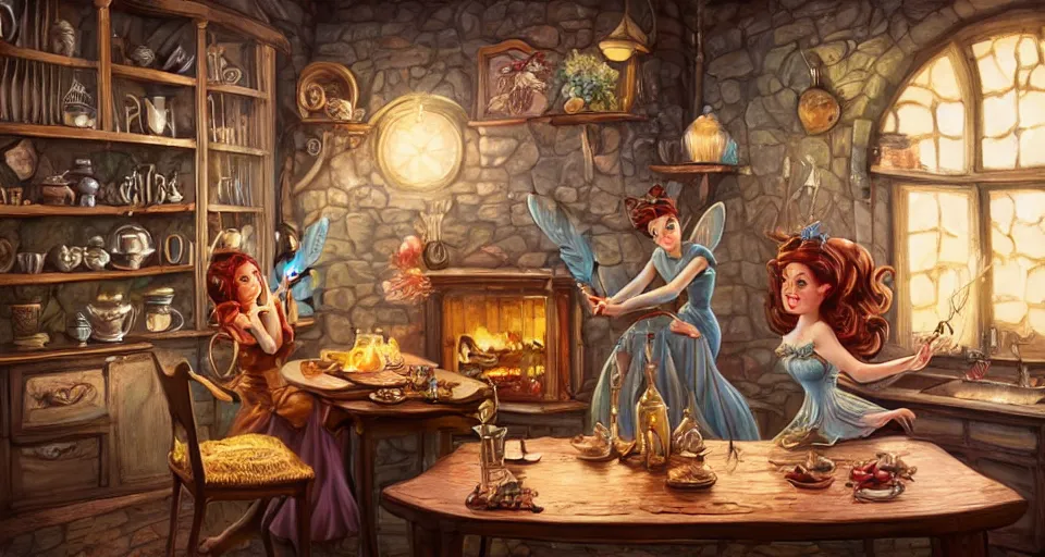 Prompt: a mid - shot of a fairy in a vintage magical kitchen, with one vintage book on a table, with a fireplace in the background d & d, fantasy, intricate, elegant, highly detailed, digital painting, artstation, concept art, smooth, sharp focus, illustration