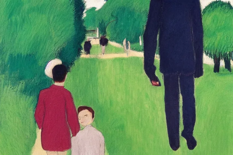 Prompt: a tall man with dark hair holding the hands of a small boy with dark hair as they walk down a suburban highway on a bright beautiful colorful day. part in the style of an edgar degas painting. part in the style of david hockney