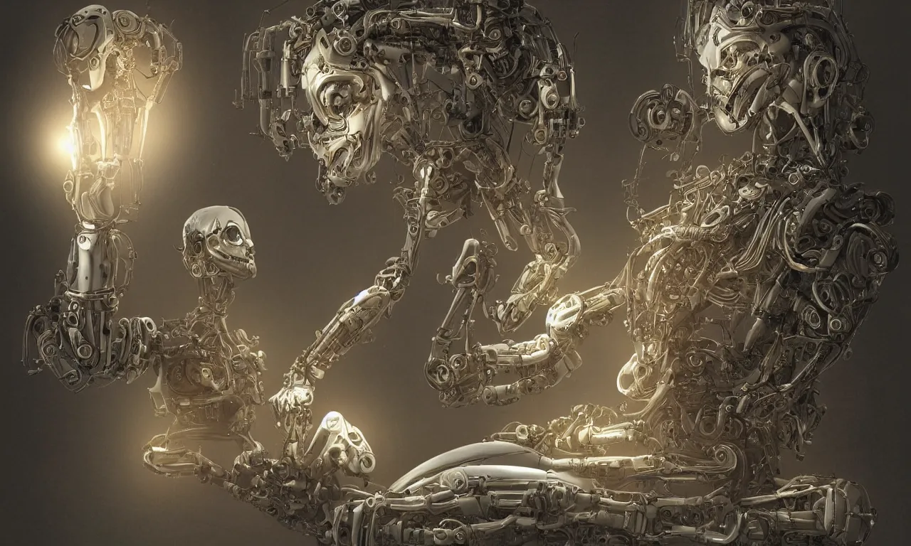 Prompt: a biomechanical android alien robot female buddha teaching humans on enlightenment, concept art, intricate detail, volumetric shadows and lighting, realistic oil painting,