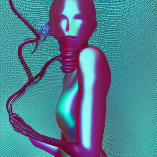 Prompt: machine cover art arms!!!! lips!!! future bass girl unwrapped statue bust curls of hair petite lush front side view body unfolds photography model full body curly jellyfish lips art contrast vibrant futuristic fabric skin jellyfish material metal veins style of Jonathan Zawada, Thisset colours simple background objective