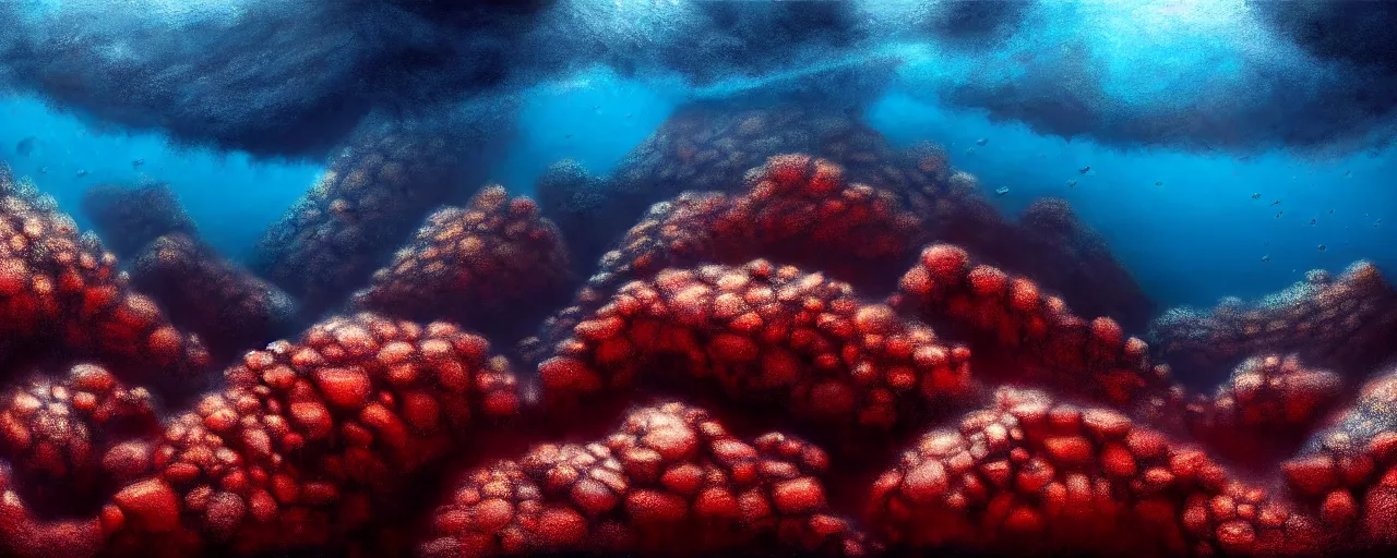 Image similar to A gorgeous detailed oil of a dark red sea covered in big blue steep rocks, a school of piranhas underwater, the further away the mistier it gets, surreal, concept art, dark aesthetic, atmospheric, moody, hyperrealism, highly detailed, masterpiece, award winning, 4k, unreal engine