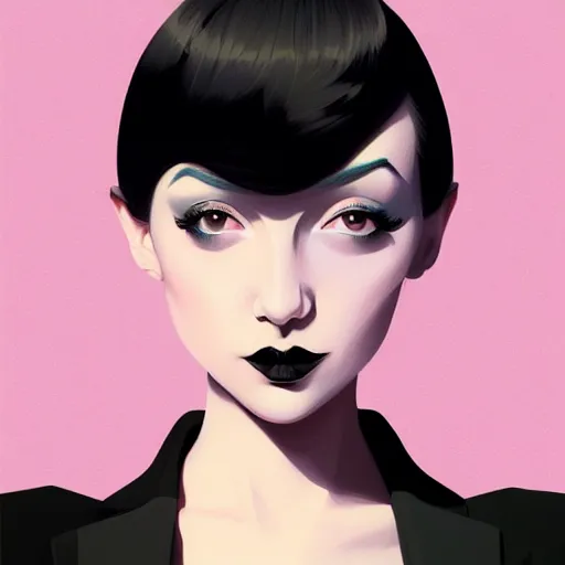 Prompt: aristocrat young female in black tuxedo, evil, vicious, muted colors, matte print, pastel colors, 2d, ultra highly detailed, smooth, sharp focus, digital art, digital painting, fan art, elegant, artstation, head is centered, by Ilya Kuvshinov