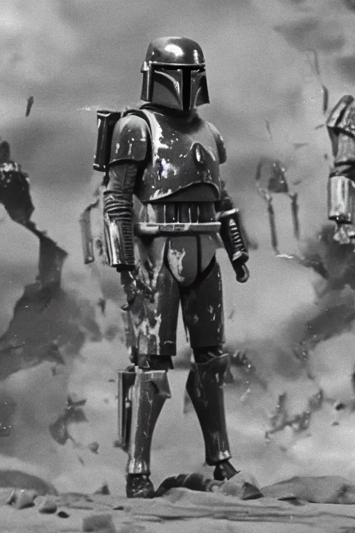 Prompt: wide angle full view 65mm film boba fett battle damaged armor scorched. screenshot from 1977 Star Wars dull muted colors tatoonie