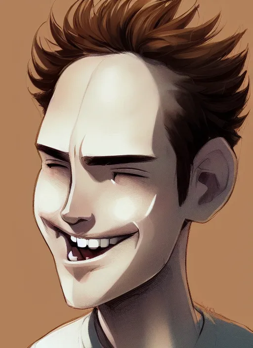 Prompt: white young man with a wide smile, prominent big eyes, round cute lips, round portruding chin, wise forehead, background is covered with brown flowers, sharp, highly detailed, simple lines, digital painting, artstation, concept art, matte, sharp focus, illustration, anime moe artstyle