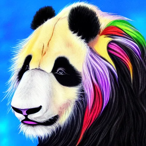 Prompt: profile view of cute fluffy baby panda with long colorful flowing lion mane blowing in the wind with mohawk top hairstyle hybrid animal detailed painting 4 k