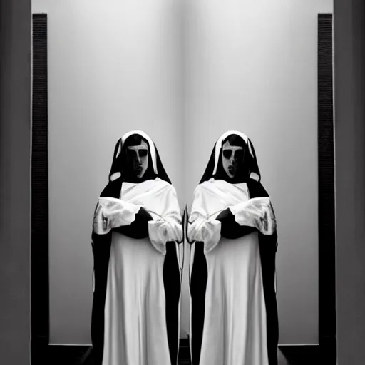 Prompt: nightmare vision, black and white, award winning photo, levitating twin nuns, wearing translucent sheet, Mary in a sanctuary, mirror hallways, eerie, frightening —width 1024 —height 1024