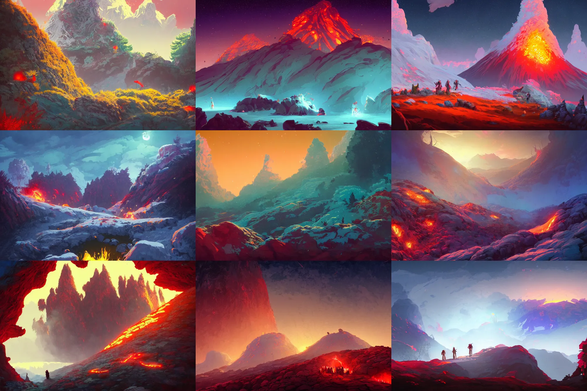 Prompt: white lava, top of the mountain, red pennants, colorful dream, glowing lights, epic fantasy, colorfully, detailed illustration, digital art, highly saturated colors, overdetailed art, concept art, detailed illustration, hd, 4 k, digital art, greg rutkowski, dan mumford, studio ghibli trending on artstation