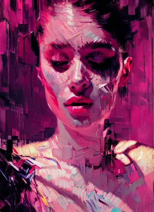 Prompt: nightclub portrait of a beautiful girl, ecstatic dancing, eyes closed, shades of pink, beautiful face, rule of thirds, intricate outfit, spotlight, by greg rutkowski, by jeremy mann, by francoise nielly, by van gogh, digital painting