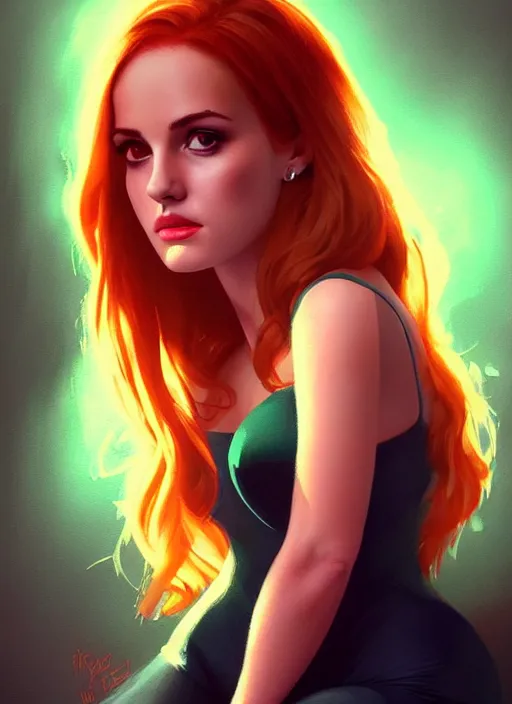 Image similar to full body portrait of teenage cheryl blossom, bangs, green eyes, mischievous expression, red hair, sultry smirk, bangs and wavy hair, intricate, elegant, glowing lights, highly detailed, digital painting, artstation, concept art, smooth, sharp focus, illustration, art by wlop, mars ravelo and greg rutkowski