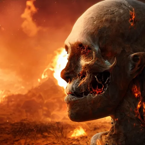 Prompt: A selfie of the last human on Earth, portrait photography, selfie photography, in the background it features a decimated world filled with death and fire, agony and suffering, 4k, 8k, trending on artstation, artstationHD